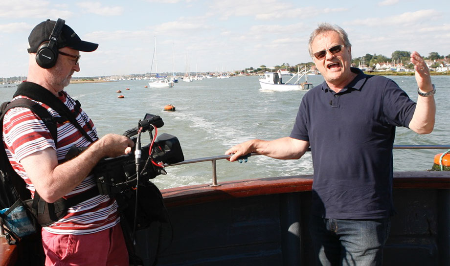 Having just left West Mersea on their way to  Ross Revenge, Bob does a piece to camera.